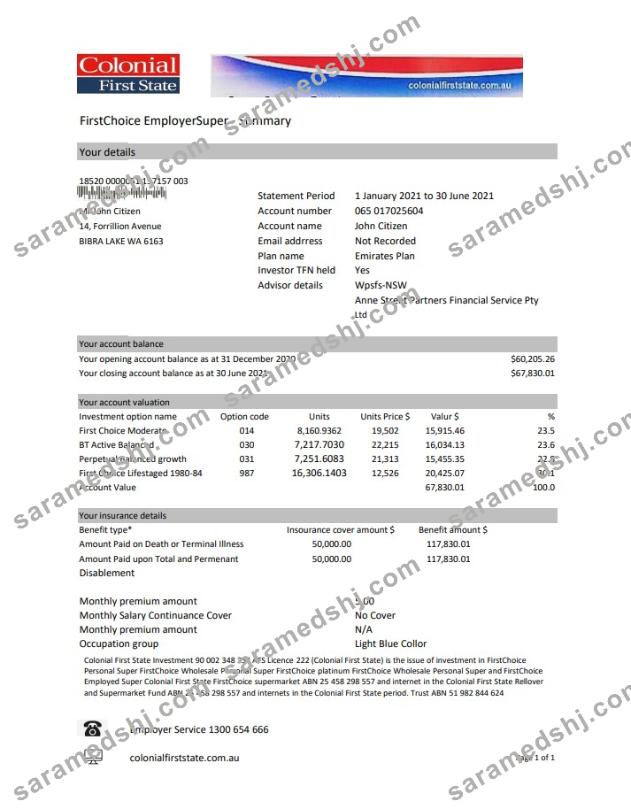 Australia Colonial First State Bank statement template in Excel and PDF format, fully editable